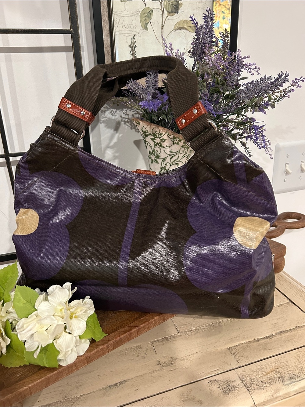 Orla Kiely Purple and Brown Floral Shoulder Bag with Gold Accents